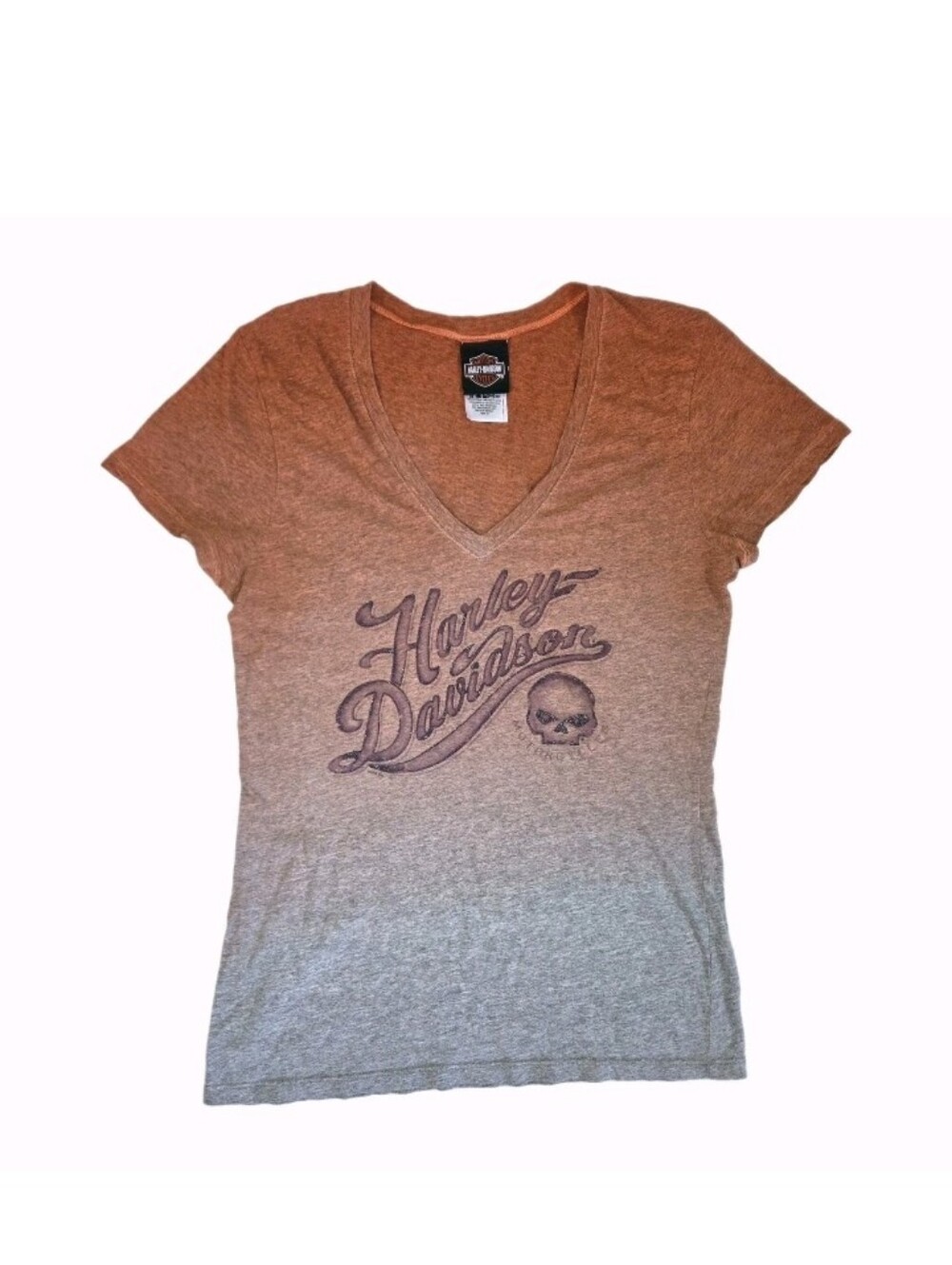 Harley Davidson Ombre V Neck Skull T-shirt Orange Gray Size M Franklin TN